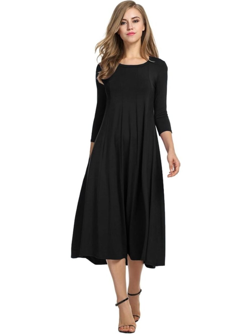 Chic 3/4 Sleeve A-Line Flare Midi Dress for Women - Perfect for Any Occasion